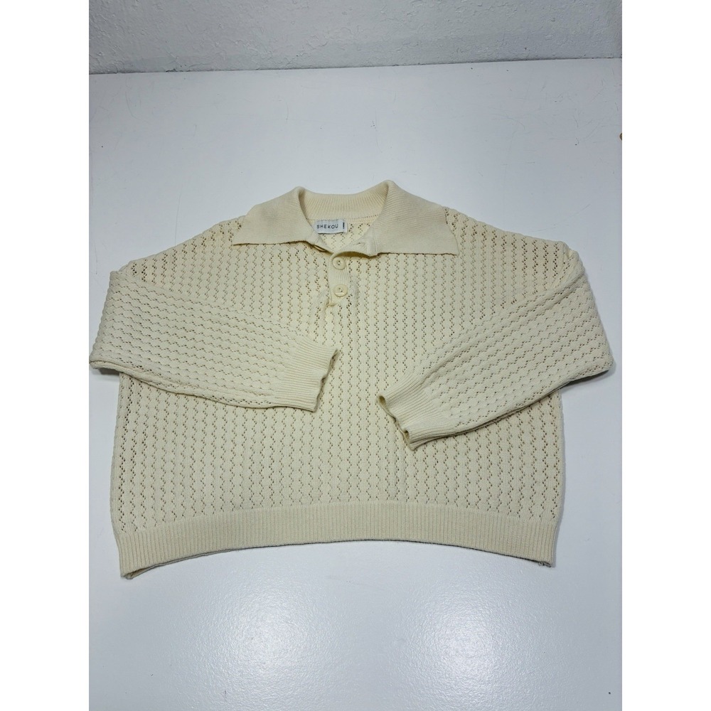 Shekou Women Sweater Size Large‎ Half Button Collar Preppy Stretch Ivory Neutral